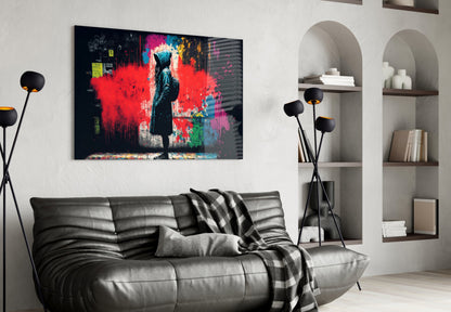 Hooded Kid Facing Red Paint Splash Glass Wall Art