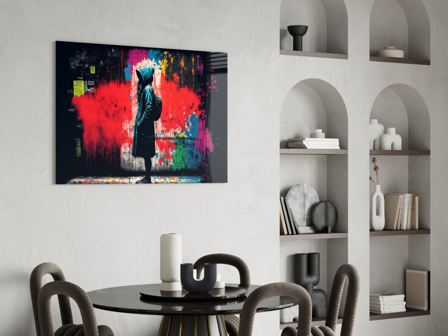 Hooded Kid Facing Red Paint Splash Glass Wall Art