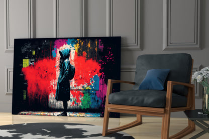 Hooded Kid Facing Red Paint Splash Glass Wall Art