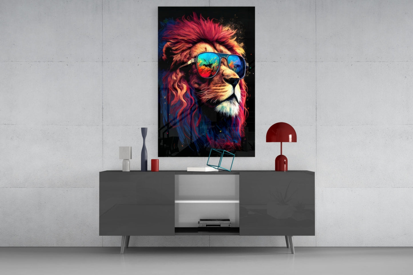 Crimson Mane Lion Mirrored Aviators Glass Wall Art
