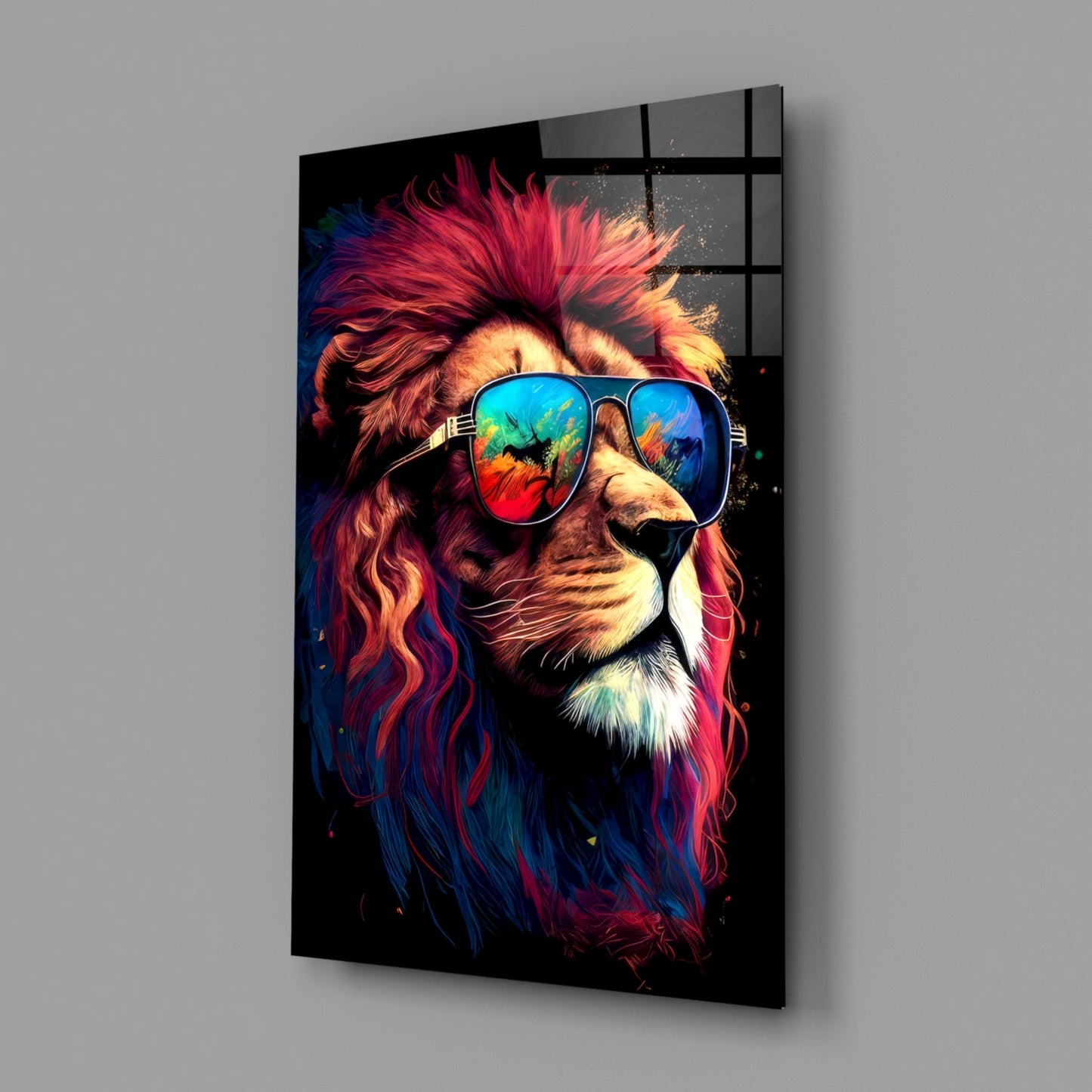 Crimson Mane Lion Mirrored Aviators Glass Wall Art
