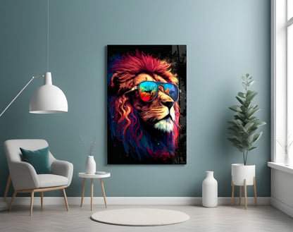Crimson Mane Lion Mirrored Aviators Glass Wall Art