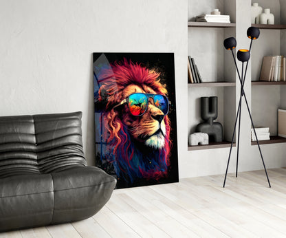 Crimson Mane Lion Mirrored Aviators Glass Wall Art