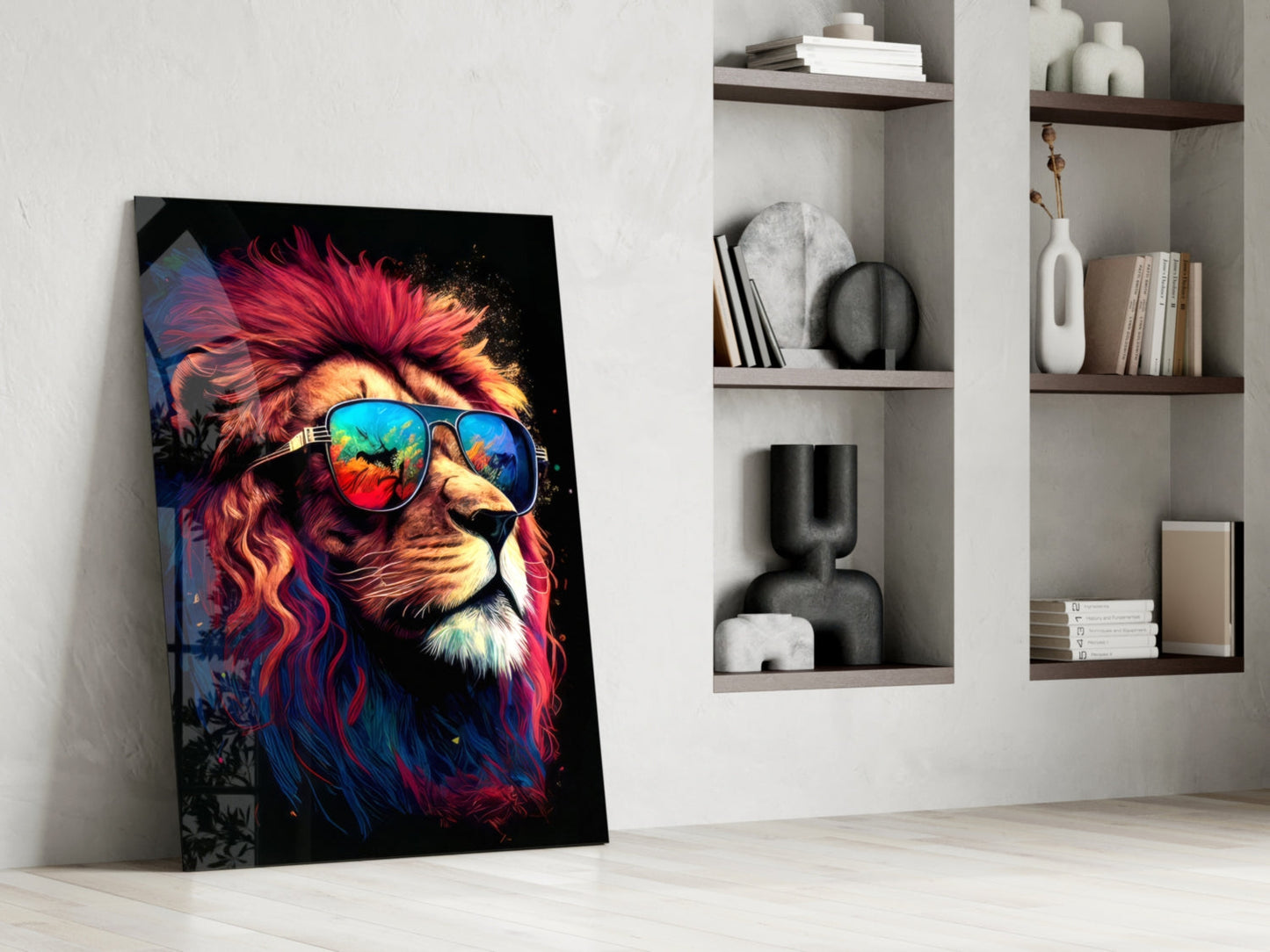 Crimson Mane Lion Mirrored Aviators Glass Wall Art