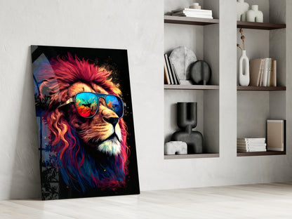 Crimson Mane Lion Mirrored Aviators Glass Wall Art
