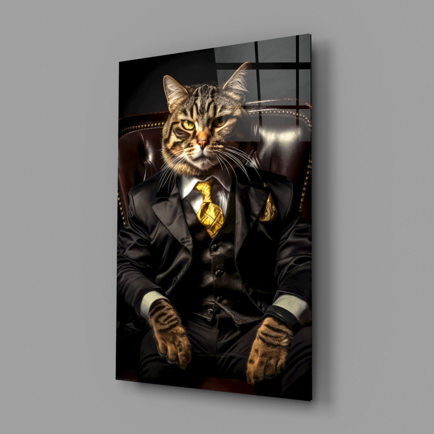 Tabby Cat Gold Tie Boss Chair Glass Wall Art
