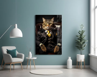 Tabby Cat Gold Tie Boss Chair Glass Wall Art