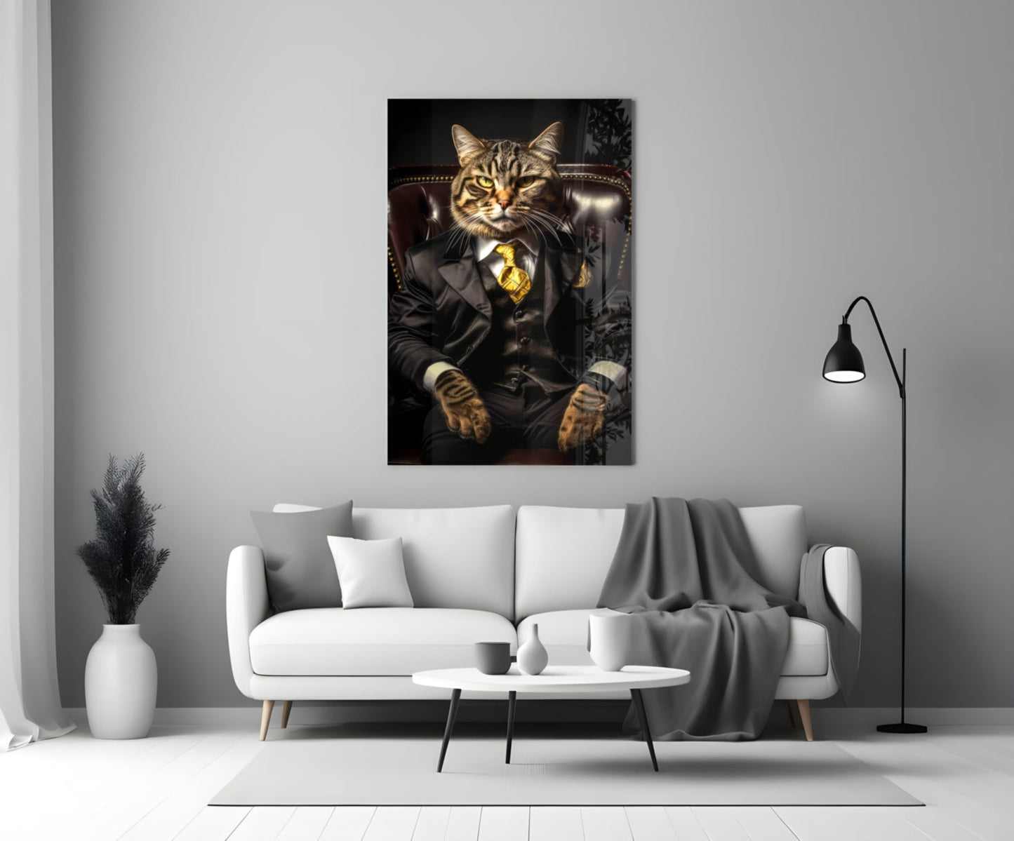 Tabby Cat Gold Tie Boss Chair Glass Wall Art