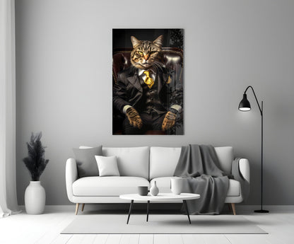 Tabby Cat Gold Tie Boss Chair Glass Wall Art