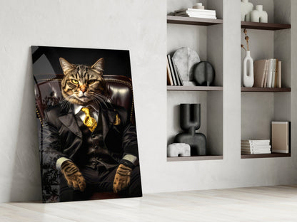 Tabby Cat Gold Tie Boss Chair Glass Wall Art