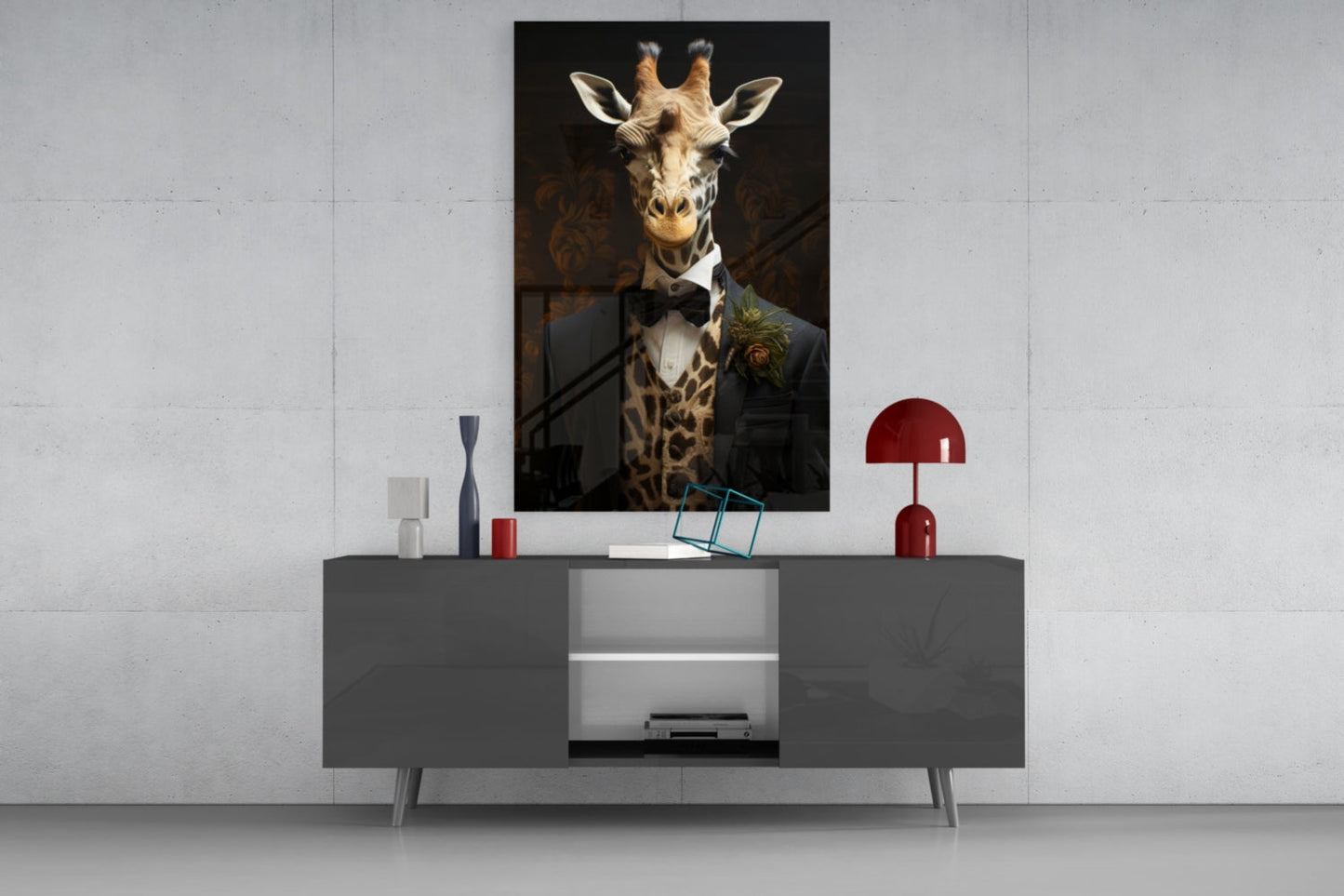 Giraffe in Tuxedo Bow Tie Glass Wall Art