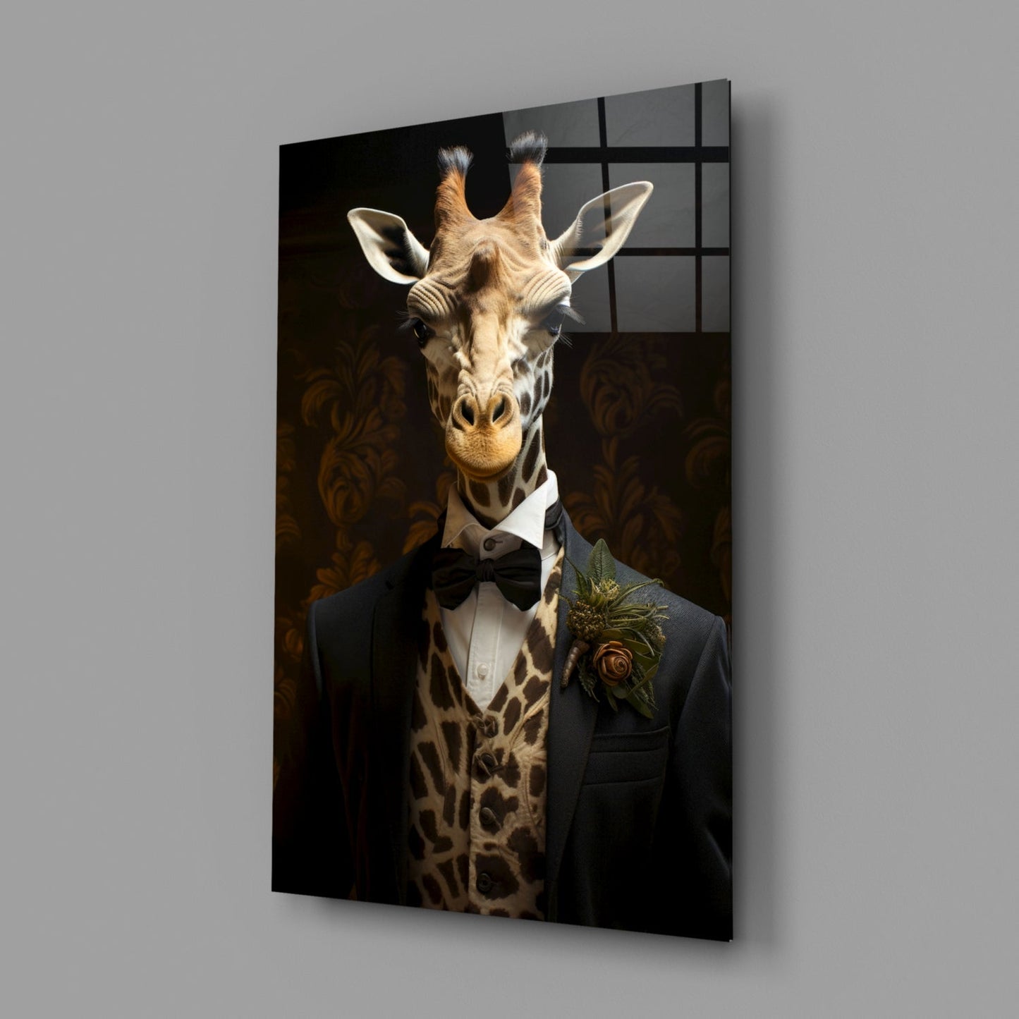 Giraffe in Tuxedo Bow Tie Glass Wall Art