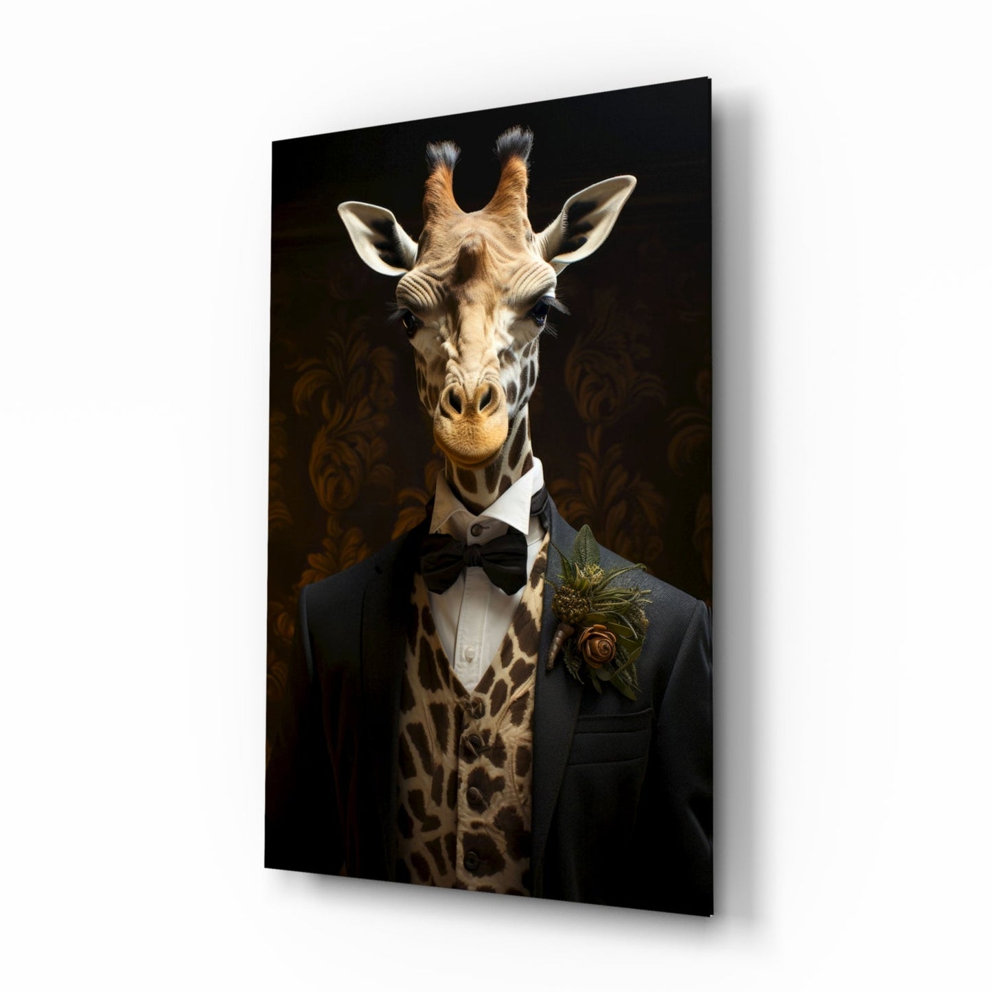 Giraffe in Tuxedo Bow Tie Glass Wall Art