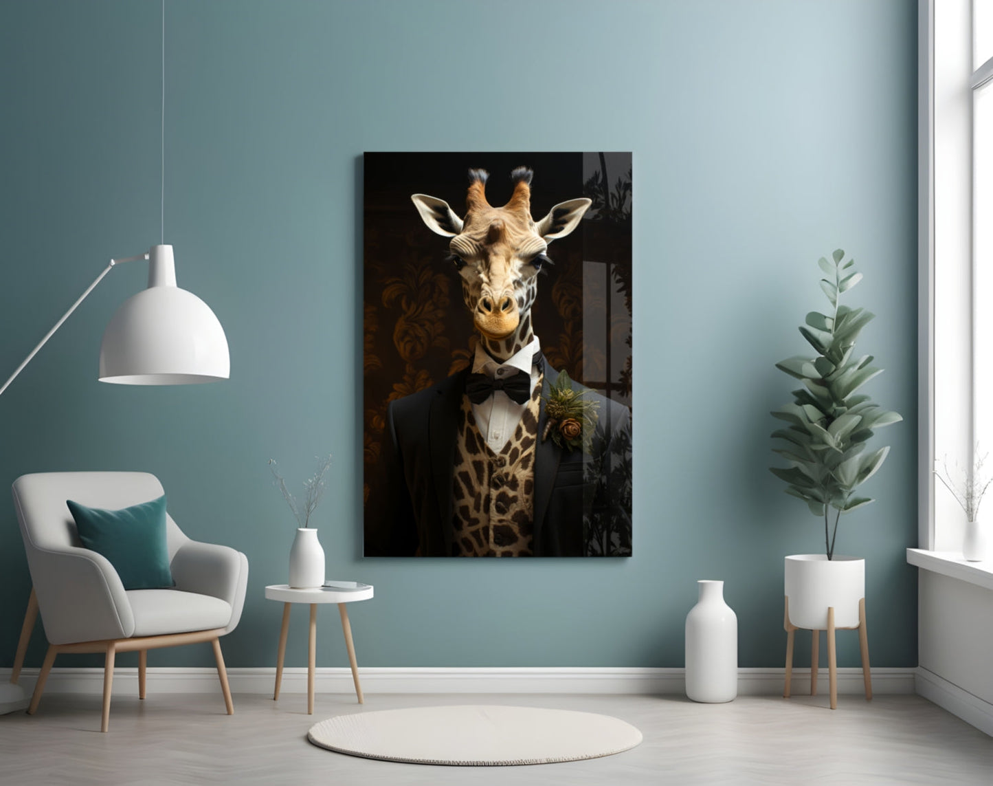Giraffe in Tuxedo Bow Tie Glass Wall Art