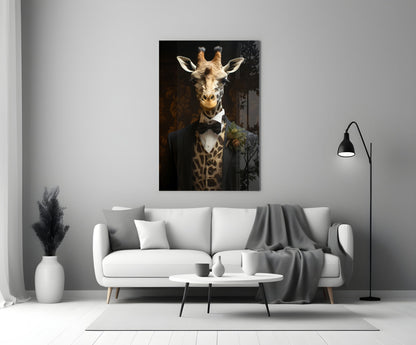 Giraffe in Tuxedo Bow Tie Glass Wall Art