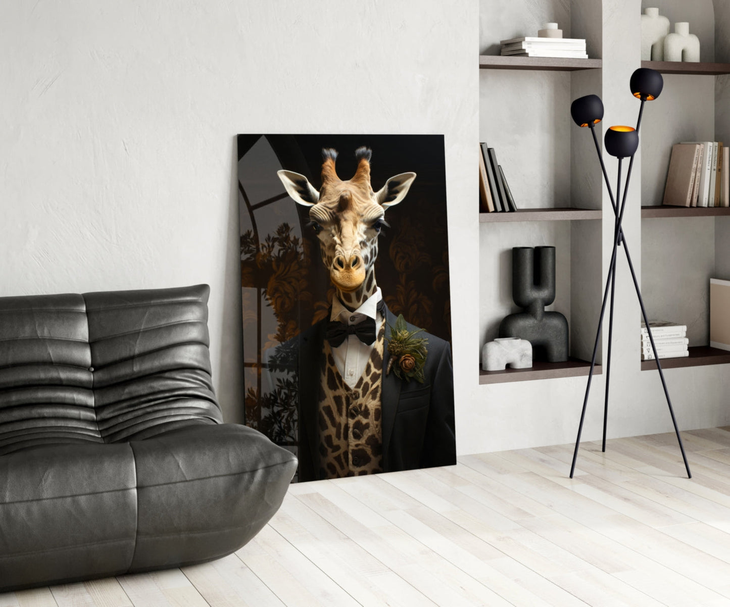 Giraffe in Tuxedo Bow Tie Glass Wall Art