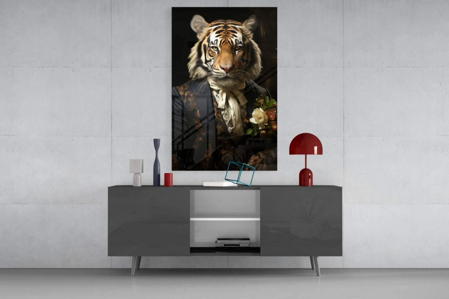 Brocade Suit Tiger with Cravat Glass Wall Art