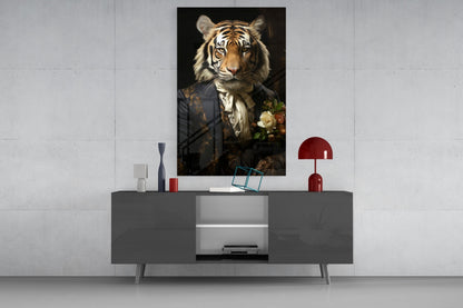 Brocade Suit Tiger with Cravat Glass Wall Art