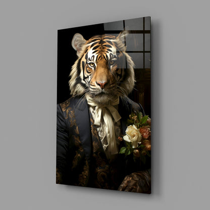 Brocade Suit Tiger with Cravat Glass Wall Art