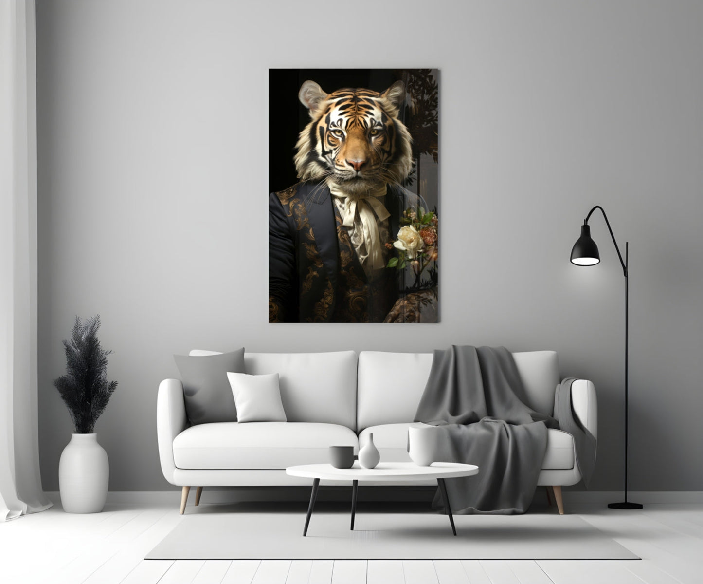 Brocade Suit Tiger with Cravat Glass Wall Art