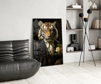 Brocade Suit Tiger with Cravat Glass Wall Art
