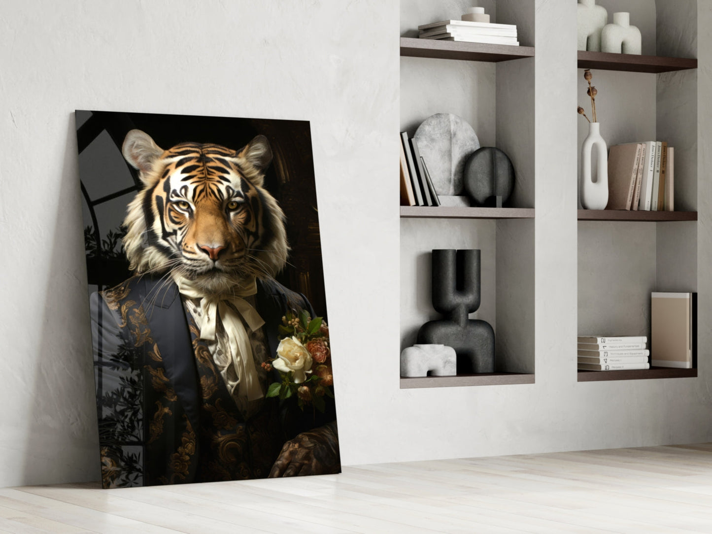 Brocade Suit Tiger with Cravat Glass Wall Art