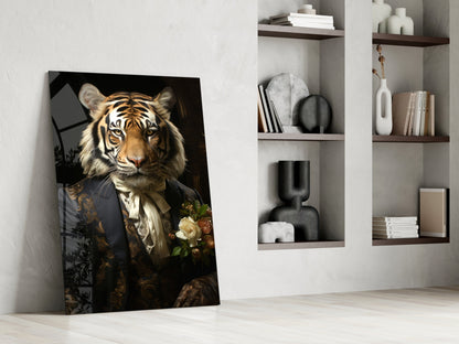Brocade Suit Tiger with Cravat Glass Wall Art