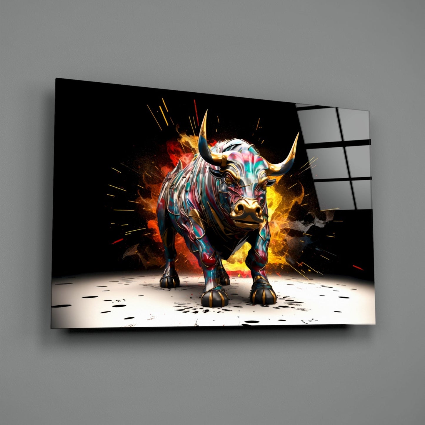 Charging Bull Paint Splash Glass Wall Art