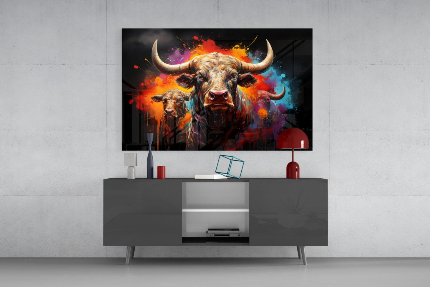 Colorful Horned Bull Splash Glass Wall Art