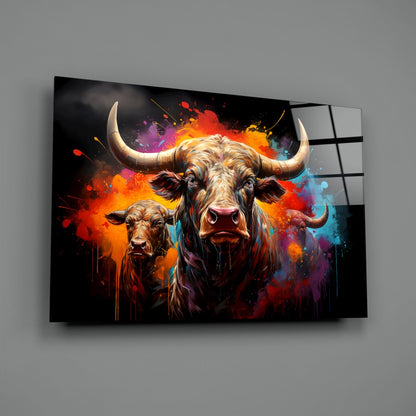 Colorful Horned Bull Splash Glass Wall Art