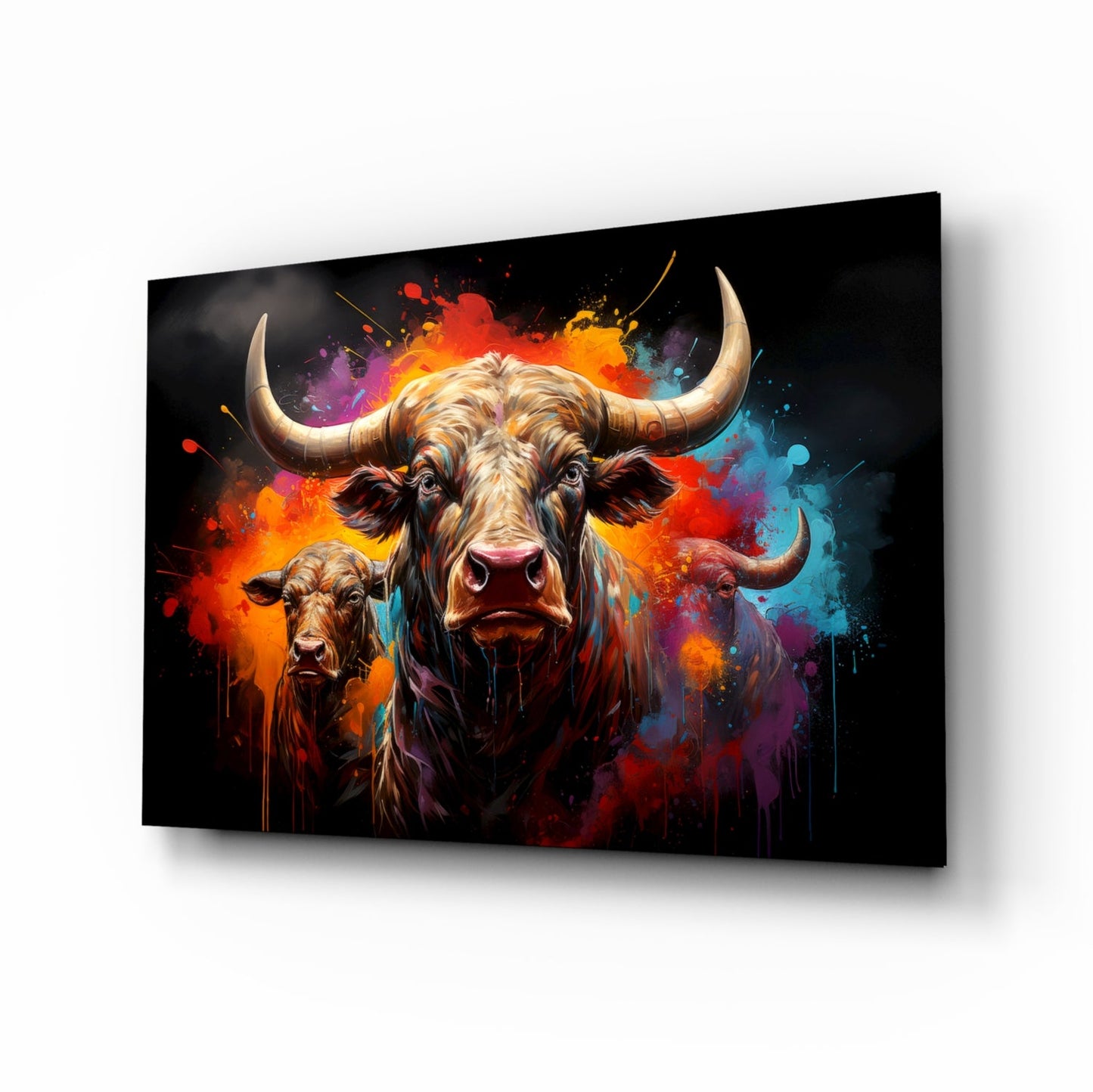Colorful Horned Bull Splash Glass Wall Art