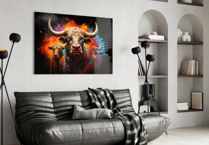 Colorful Horned Bull Splash Glass Wall Art