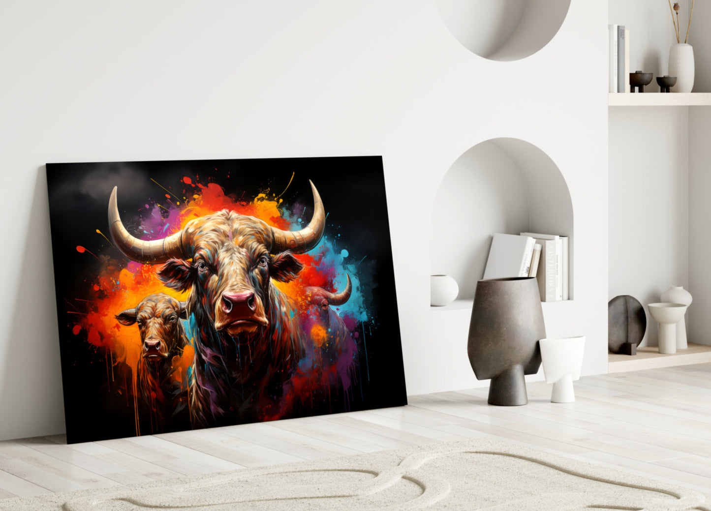 Colorful Horned Bull Splash Glass Wall Art