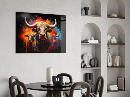 Colorful Horned Bull Splash Glass Wall Art