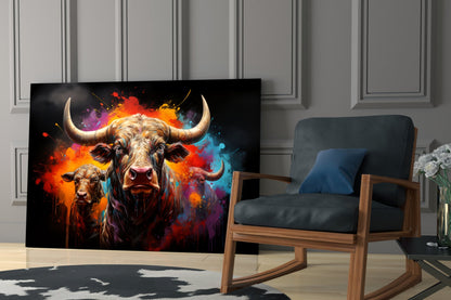 Colorful Horned Bull Splash Glass Wall Art