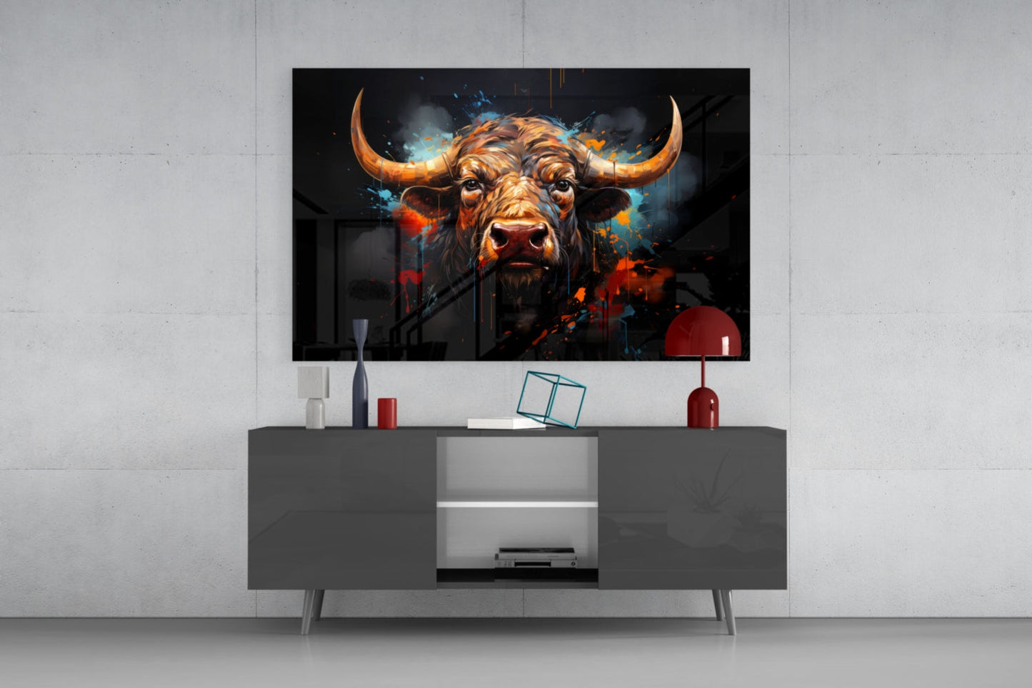 Buffalo Head Paint Splash Glass Wall Art