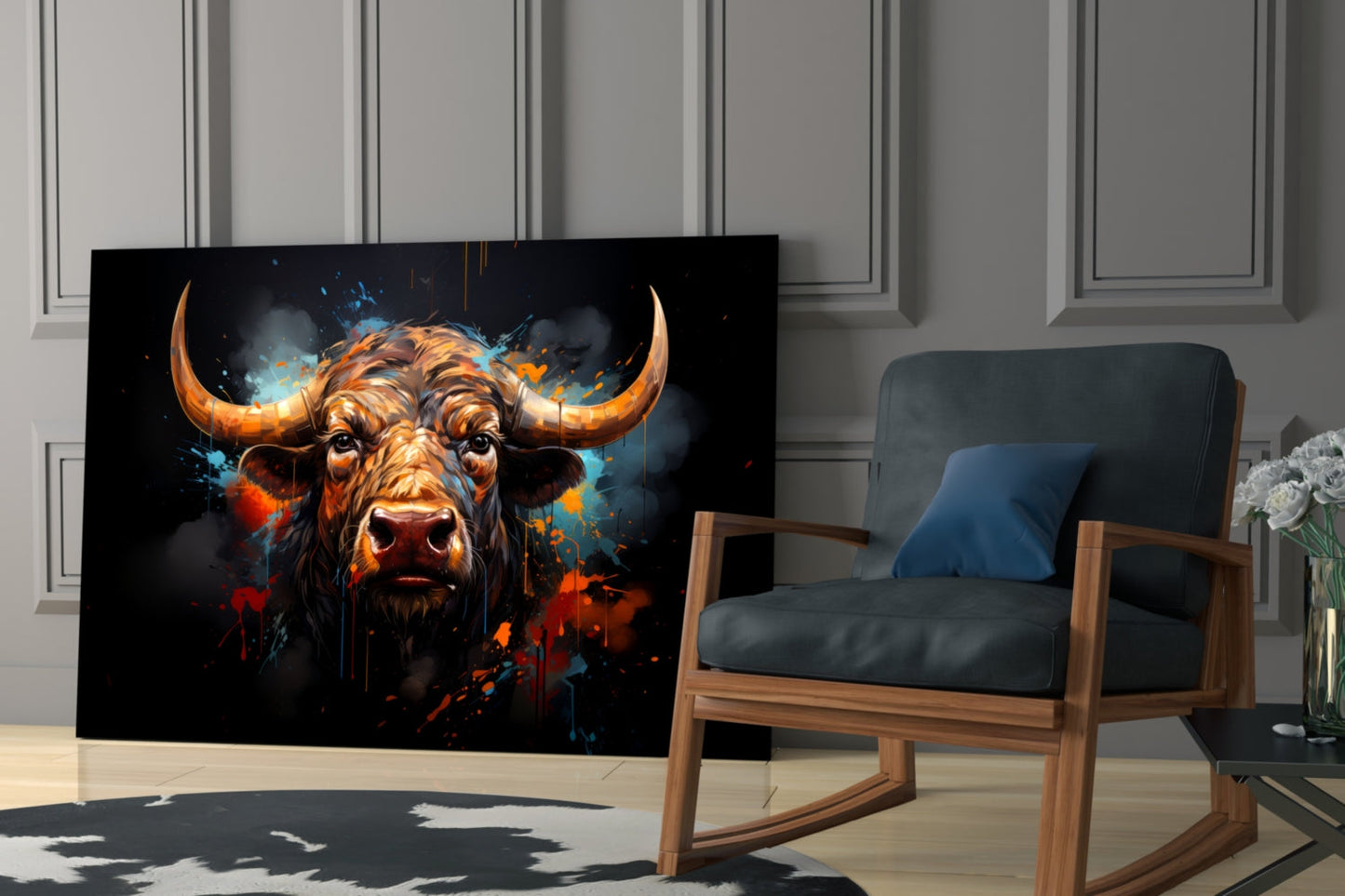 Buffalo Head Paint Splash Glass Wall Art