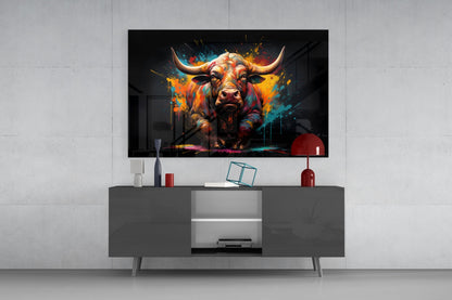 Vibrant Standing Bull Splash Glass Wall Art
