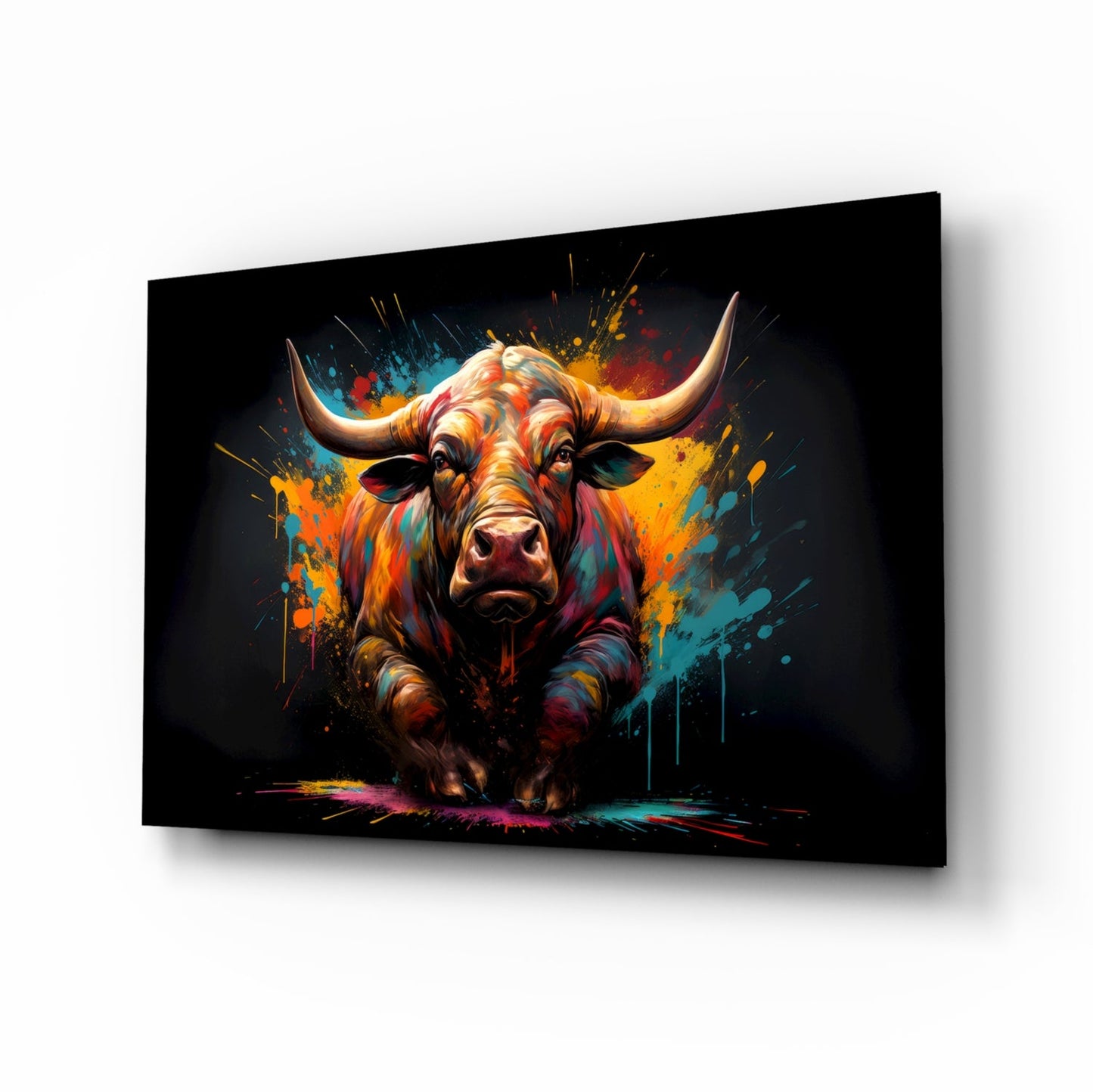 Vibrant Standing Bull Splash Glass Wall Art