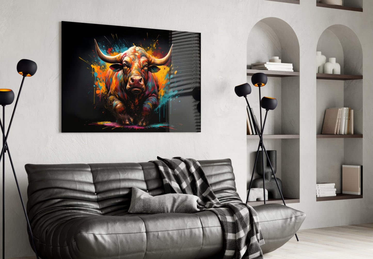 Vibrant Standing Bull Splash Glass Wall Art