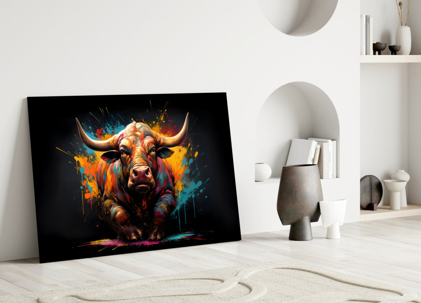 Vibrant Standing Bull Splash Glass Wall Art
