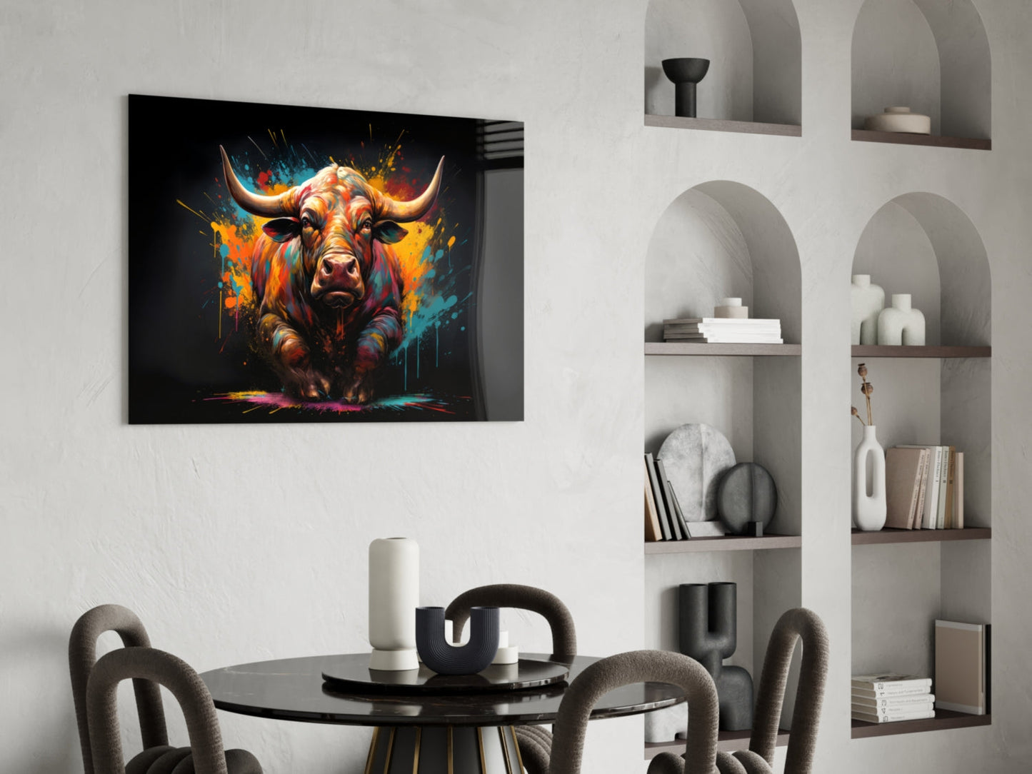 Vibrant Standing Bull Splash Glass Wall Art
