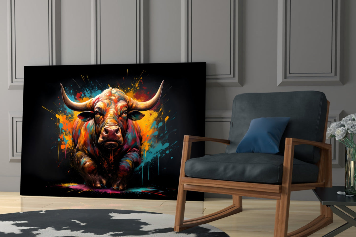 Vibrant Standing Bull Splash Glass Wall Art