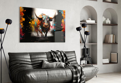 Colorful Bull Halo Splash Glass Wall Art