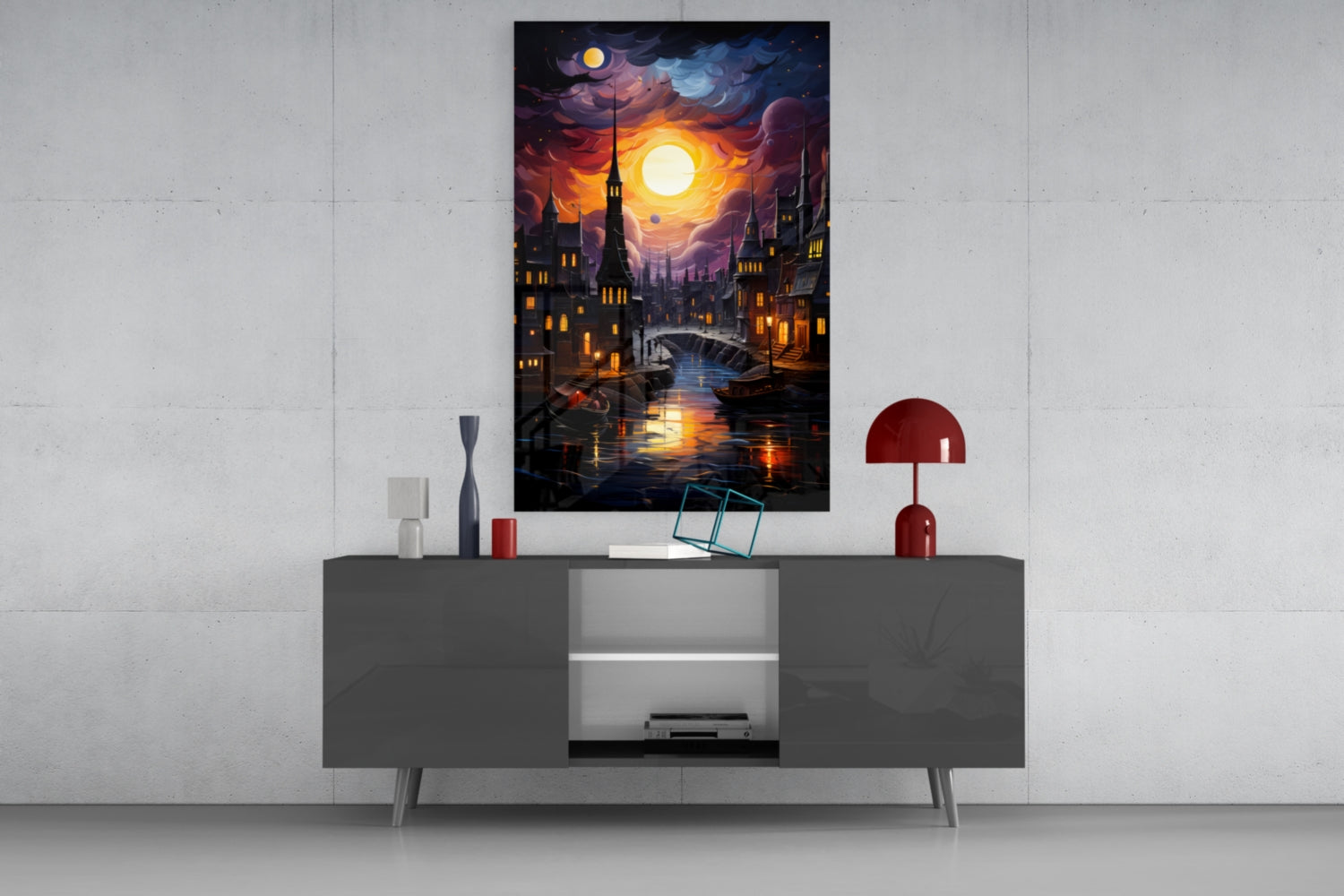 Moonlight Glass Wall Art displayed above gray media console, showing nocturnal cityscape with glowing buildings, illuminated bridge, and large golden moon in orange-purple sky.