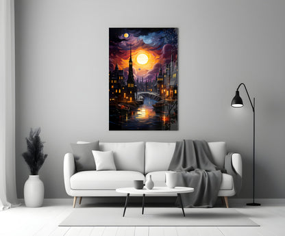 Moonlit cityscape glass art hanging above white sofa in modern living room interior setting.