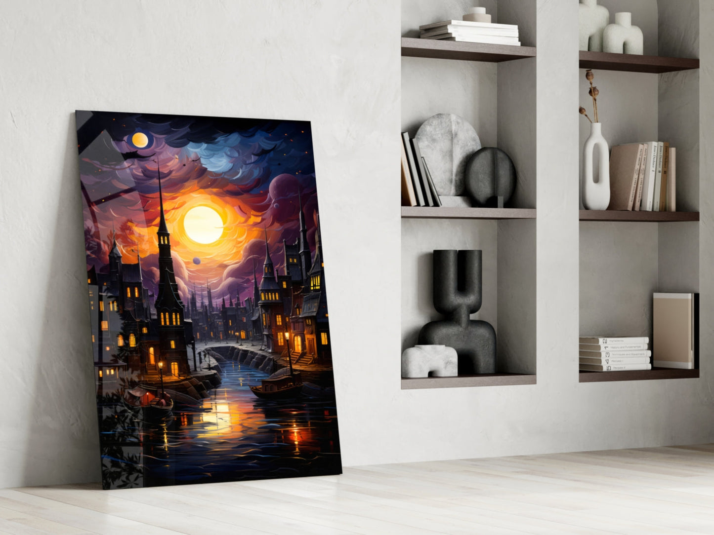 Glass wall art panel leaning against white wall displays illuminated Venice canal scene with golden moon and lit buildings at night.