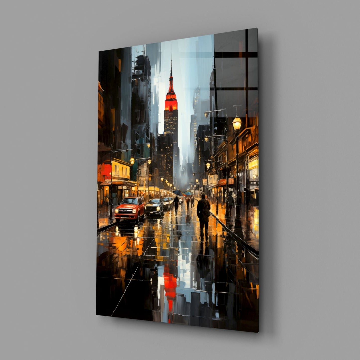 Modern glass wall art depicting a rainy New York City street at dusk with illuminated Chrysler Building and street-level vehicles and pedestrians.