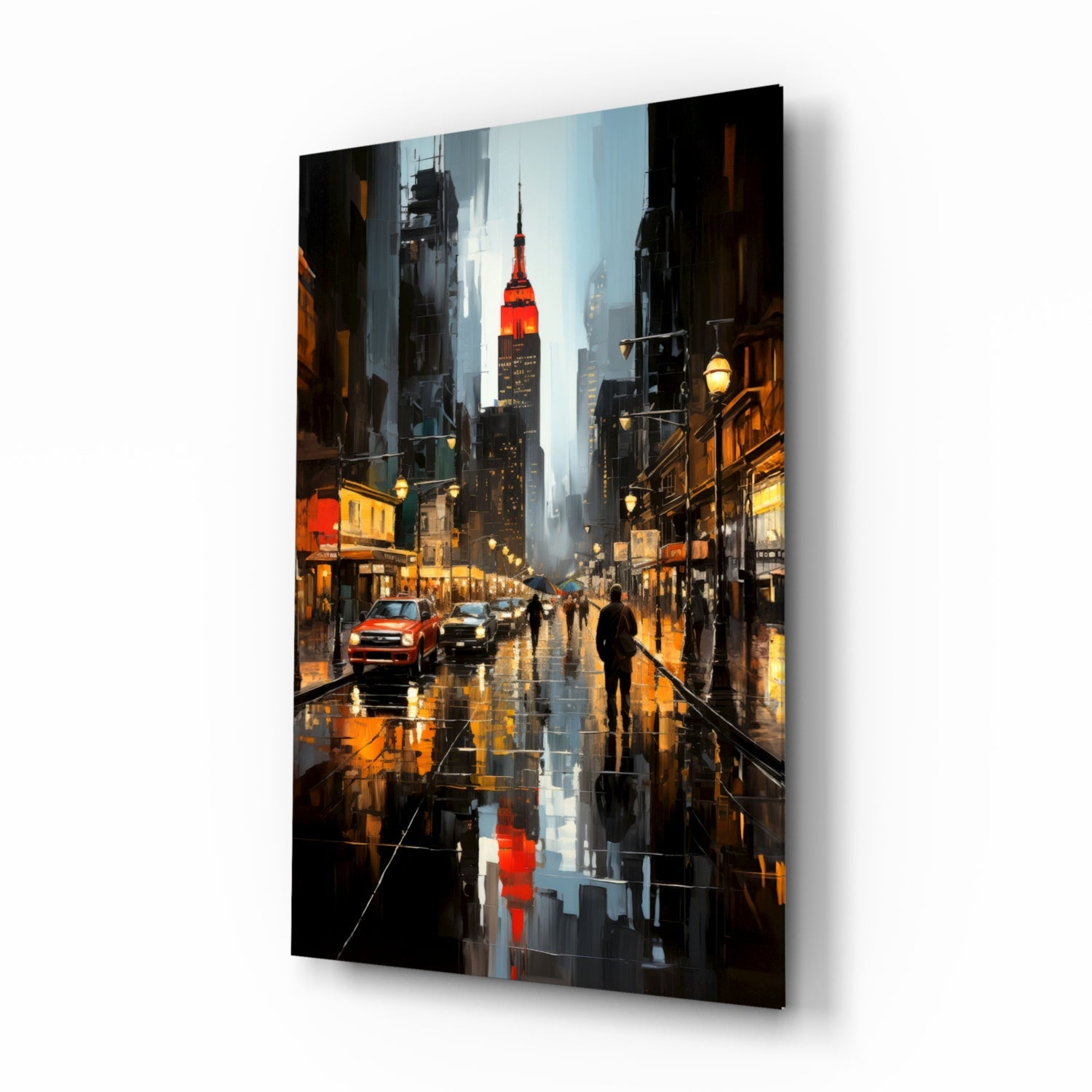 Angled perspective view of a glass wall art panel depicting a rainy New York City street with illuminated storefronts, the red-topped Chrysler Building, and yellow street lamps reflecting on wet pavement.