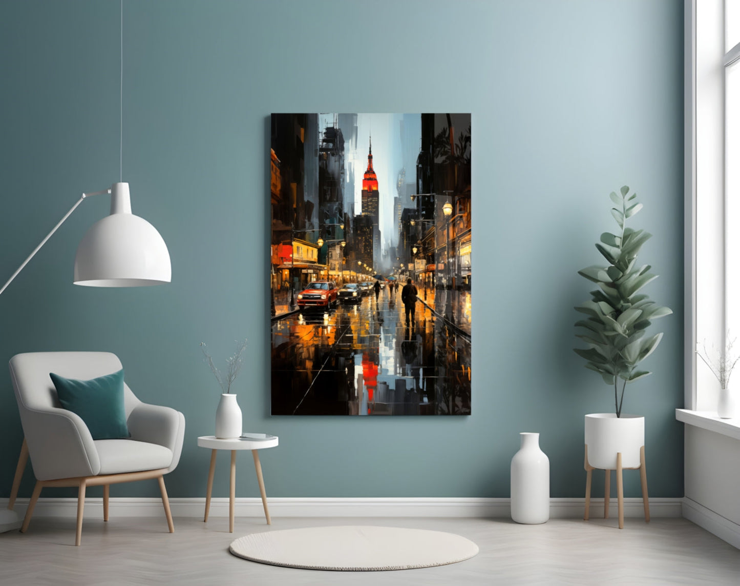City street scene with illuminated Empire State Building at dusk, displayed as glass wall art above a white armchair in a teal-walled interior.
